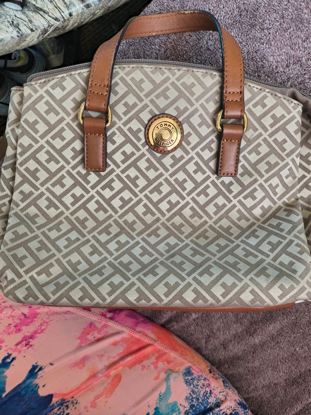 Tommy Hilfiger Beige Monogram Satchel with Brown Leather Trim